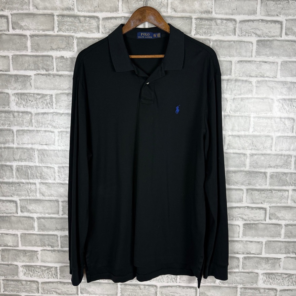 Polo Ralph Lauren Mens XXL Solid Black Long Sleeve Polo Shirt Blue Pony Cotton
